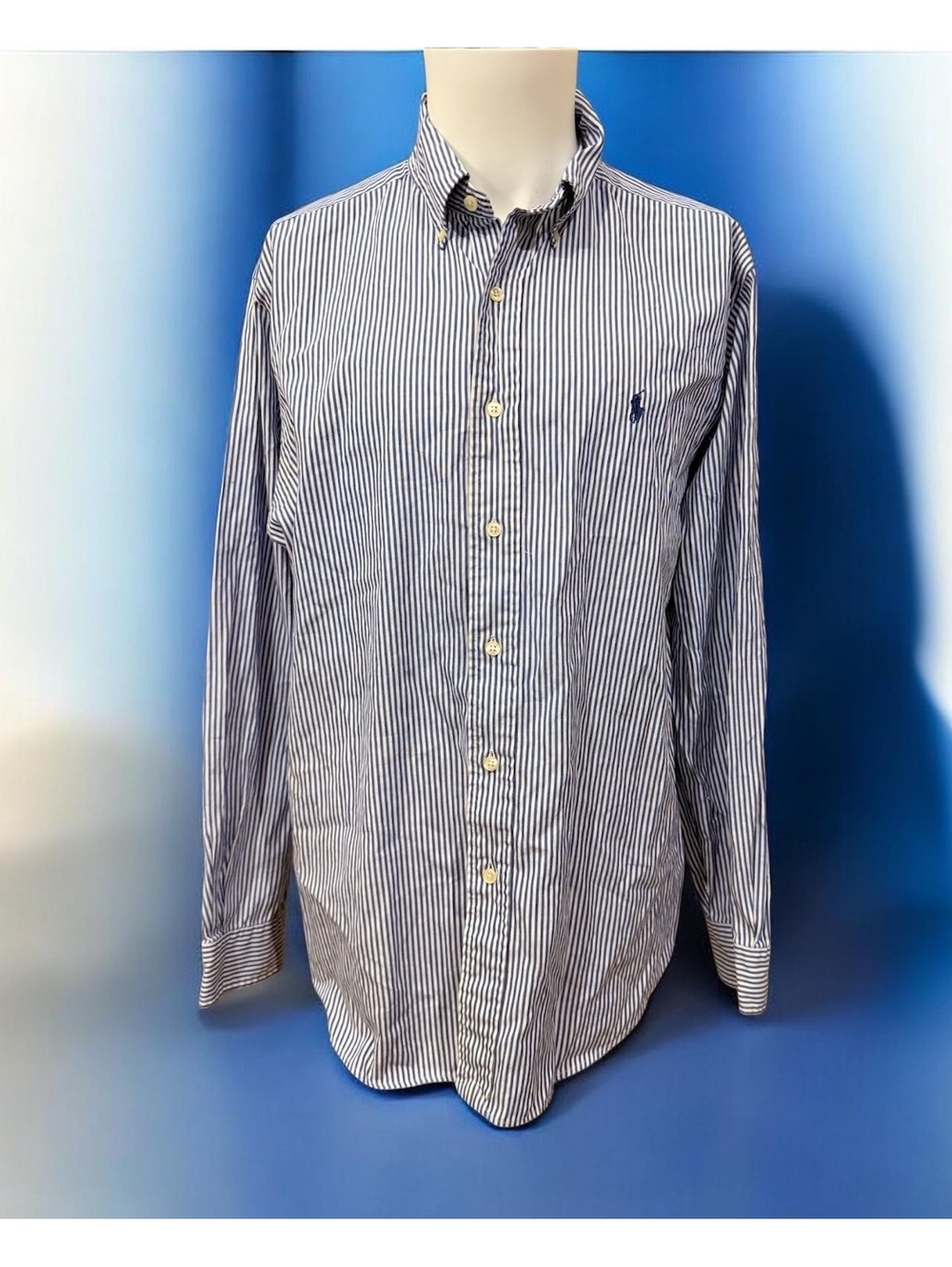 Polo Ralph Lauren Men's Blue and White Striped Button-Down Shirt Sz 16 1/2 34/35